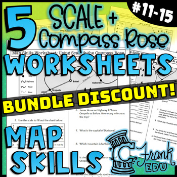 Preview of BUNDLE: 5 Map Skills Worksheets: Scale & Compass Rose (NO PREP) #11-15