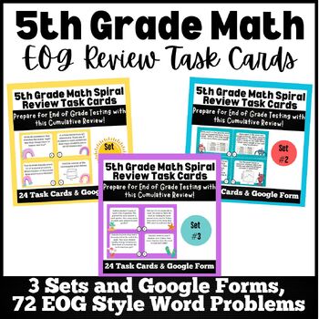 Preview of BUNDLE! 5th Grade Math Spiral Review EOG Test Prep Task Cards and Google Forms