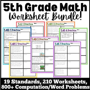 Preview of 5th Grade Math Word Problem Practice Test Prep Review Worksheet BUNDLE!