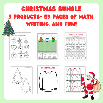 Preview of BUNDLE 9 Christmas themed K-2 Worksheets- 51 assorted games, math, and writing