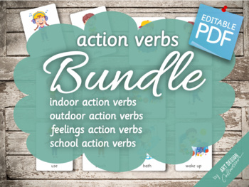 Preview of BUNDLE ACTION VERBS • 62 Editable Montessori 3-part Cards (16 files)