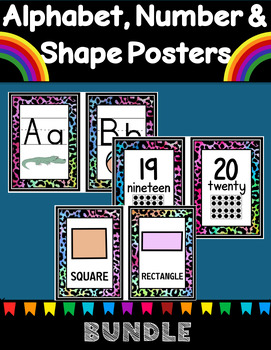 Preview of BUNDLE Alphabet, Number, & Shape Posters Classroom Decor Colorful Cheetah Print