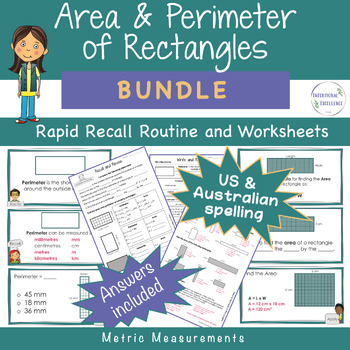 Preview of BUNDLE Area and Perimeter Rectangles METRIC Math Review Warm up Worksheets 5th