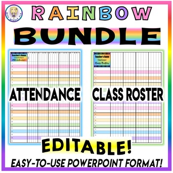 Preview of BUNDLE!! Attendance Sheet Chart AND Class Roster - Rainbow Colorful - EDITABLE