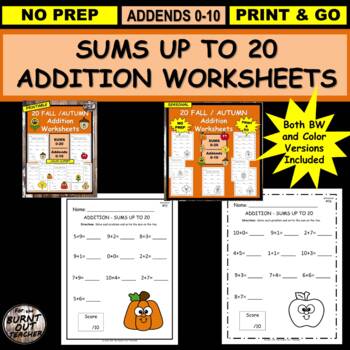 Preview of BUNDLE BW & COLOR CUTE FALL PUMPKIN Math Addition Worksheets sums to 20 seasonal