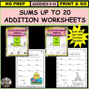Preview of BUNDLE BW & COLOR EASTER SPRING CHICKS Math Addition Worksheets sums 20 seasonal