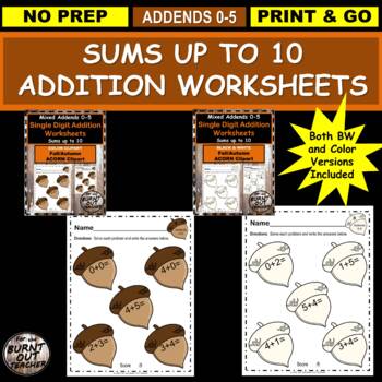 Preview of BUNDLE BW & COLOR FALL ACORN Math Addition Worksheets sums to 10 seasonal