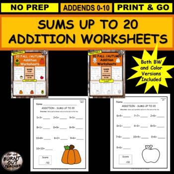 Preview of BUNDLE BW & COLOR FALL PUMPKIN Math Addition Worksheets sums to 20 seasonal