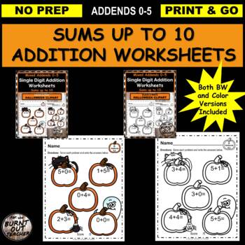 Preview of BUNDLE BW & COLOR HALLOWEEN PUMPKIN Math Addition Worksheets sums to 10 seasonal