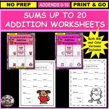 Preview of BUNDLE BW & COLOR VALENTINE'S DAY Math Addition Worksheets sums to 20 seasonal