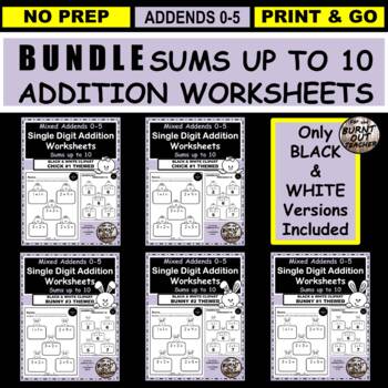 Preview of BUNDLE BW Spring Easter Bunny Chick Math Addition Worksheets addends 0-5 K