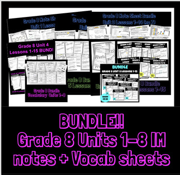 Preview of BUNDLE!! Based on IM Grade 8 Math™ Units 1-8 guided notes + Vocab sheets