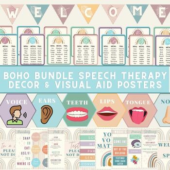 Preview of BUNDLE Boho Speech Therapy Classroom Decor and Posters
