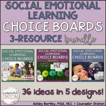 Preview of Social Emotional Learning Activities Choice Boards for School Counseling BUNDLE