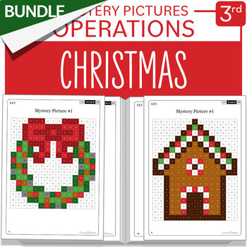 Preview of BUNDLE Christmas Math Mystery Pictures Grade 3 Multiplications Divisions 1-9