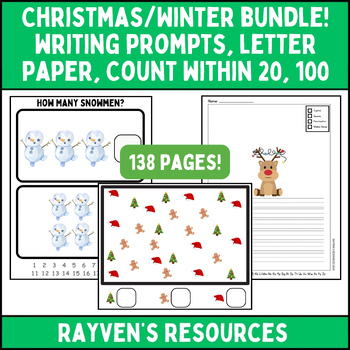 Preview of BUNDLE! Christmas/Winter, Writing Prompts, Friendly Letters, Count to 20, 100