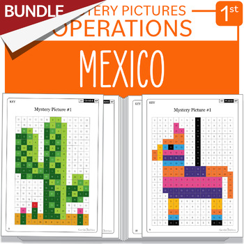 Preview of BUNDLE Cinco de Mayo Mexico Math Mystery Pictures Grade 1 Additions Subtractions