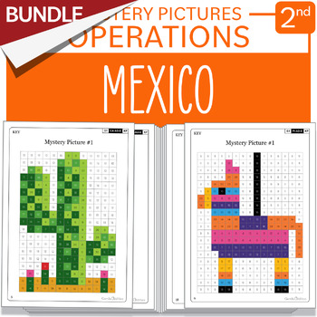 Preview of BUNDLE Cinco de Mayo Mexico Math Mystery Pictures Grade 2 Additions Subtractions