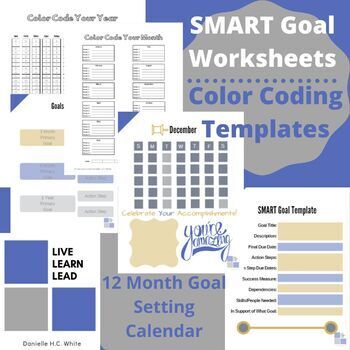 Preview of BUNDLE - Color Coding Calendar & SMART Goal Worksheets w/ 12 Month Calendar
