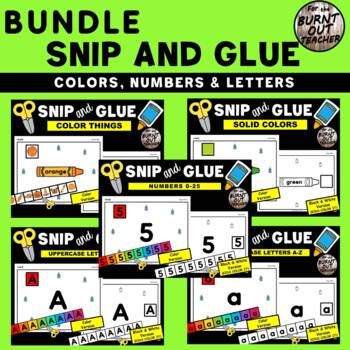 Preview of BUNDLE Colors Numbers Letters SNIP & GLUE cut paste worksheet PreK OT SPECIAL ED