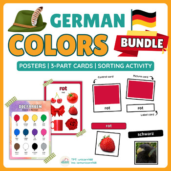 Preview of BUNDLE Colors in German (Dia Farben): Posters, 3-Part Cards, Sorting Activity