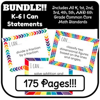 Preview of BUNDLE! Common Core Math "I Can" Learning Target for K-6th Grade - Rainbow Theme