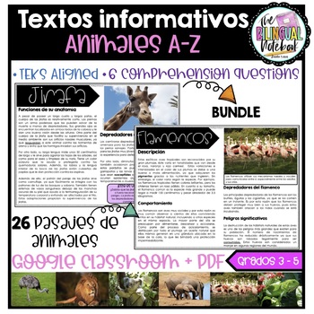 Preview of BUNDLE Comprension de lectura Animales A-Z - Spanish Reading Test Prep 