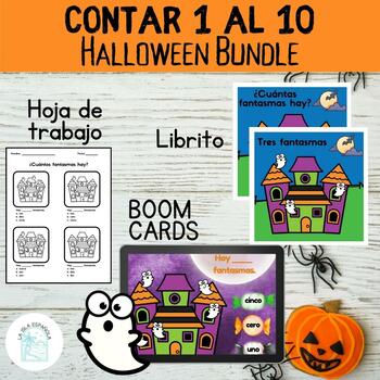 Preview of BUNDLE Contar 1 al 10 Halloween | Spanish Boom Cards Book and Worksheets