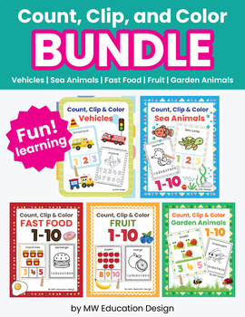 Preview of BUNDLE - Count, Clip & Color : Vehicle,Sea Animal,Fast Food,Fruit,Garden Animal