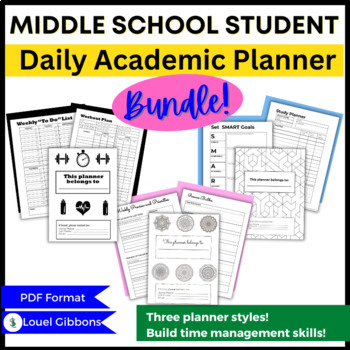 Preview of BUNDLE, Daily Student Academic Planner for Middle School Students, PDF, 3 Types