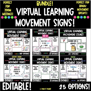 Preview of BUNDLE! Distance Learning Brain Break Movement Slides! Editable! Great for Zoom!