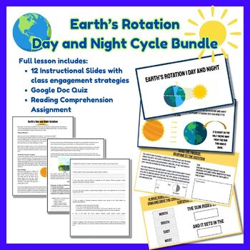 Preview of BUNDLE | EARTH'S DAY AND NIGHT CYCLE | LESSON PRESENTATION, READING, AND QUIZ