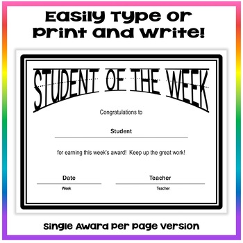 Y Student of the Week Award Certificates 15 Paper 8.5"x 11" Teachers' Supplies 