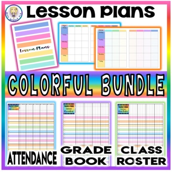 Preview of BUNDLE! Editable Lesson Plans, Attendance, Grade Book, & Class Roster - COLORFUL