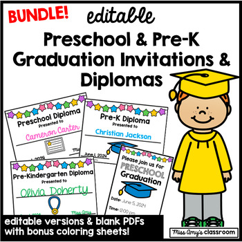 Preview of Editable PreK/Preschool Graduation Certificate & Graduation Invitations BUNDLE!