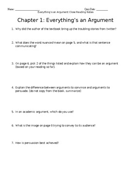 Preview of BUNDLE Everything's an Argument Ch. 1-6 Close Reading Notes