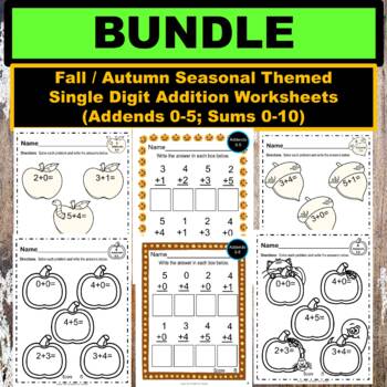 Preview of BUNDLE FALL HALLOWEEN SEASONAL Addition Worksheets Addends 0-5 pumpkins acorns