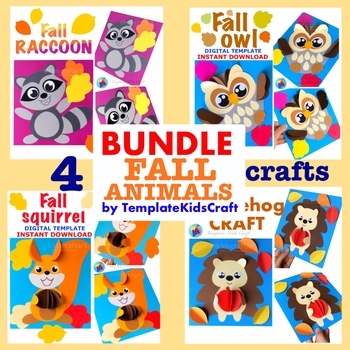 Preview of BUNDLE Fall Autumn Animals Crafts Hedgehog Owl Raccoon Squirrel Craft Classroom