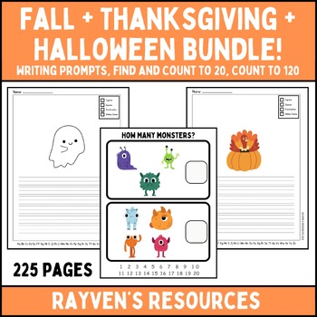 Preview of BUNDLE! Fall/Thanksgiving/Halloween: Writing Prompts, Count to 20, 100 1st Grade