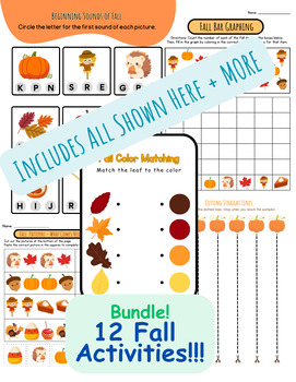 Preview of BUNDLE Fall Themed: Cutting Graphing Counting Colors Letter Sounds Patterns MORE