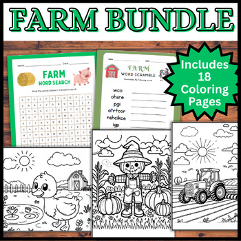 Preview of BUNDLE Farm Activities- Farm Animals Unit/Party -Coloring, Word Search, Scramble