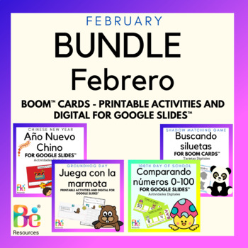 Preview of BUNDLE February Writing and Math Skills Activities in Spanish