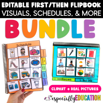 Preview of BUNDLE: First Then Board & Visual Schedule Flip Books (clipart + real pictures)