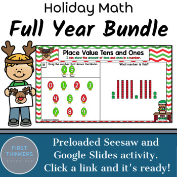 Preview of BUNDLE Full Year Holiday Math Activities Google Slides Seesaw Digital Resources