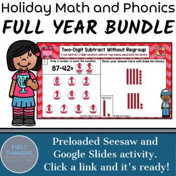 Preview of BUNDLE Full Year Holiday Math and Phonics Google Slides Seesaw Digital Resources