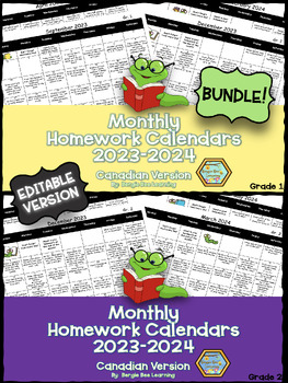 Preview of BUNDLE! Grade 1 & 2 **EDITABLE** Homework Calendars - 2023-2024 **NEW!**