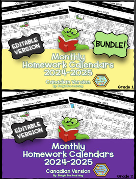 Preview of BUNDLE! Grade 1 & 2 **EDITABLE** Homework Calendars - 2024-2025-**NEW**