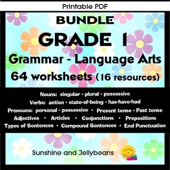 Preview of Grade 1 - Grammar BUNDLE - 64 Worksheets - Nouns  Verbs Articles Sentences etc