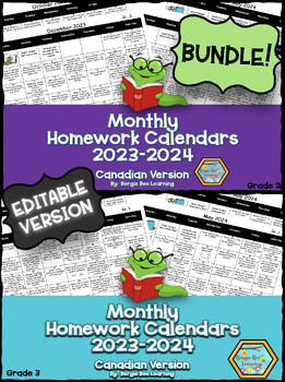 Preview of BUNDLE! Grade 2 & 3 **EDITABLE** Homework Calendars - 2023-2024 **NEW!**