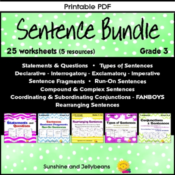 Preview of Grade 3 Sentence BUNDLE - Types of Sentences / Conjunctions / Fragments  Run-Ons